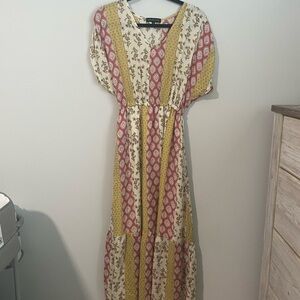 Gibson Look Cream Maxi Dress with Red & Mustard Stripe Panels